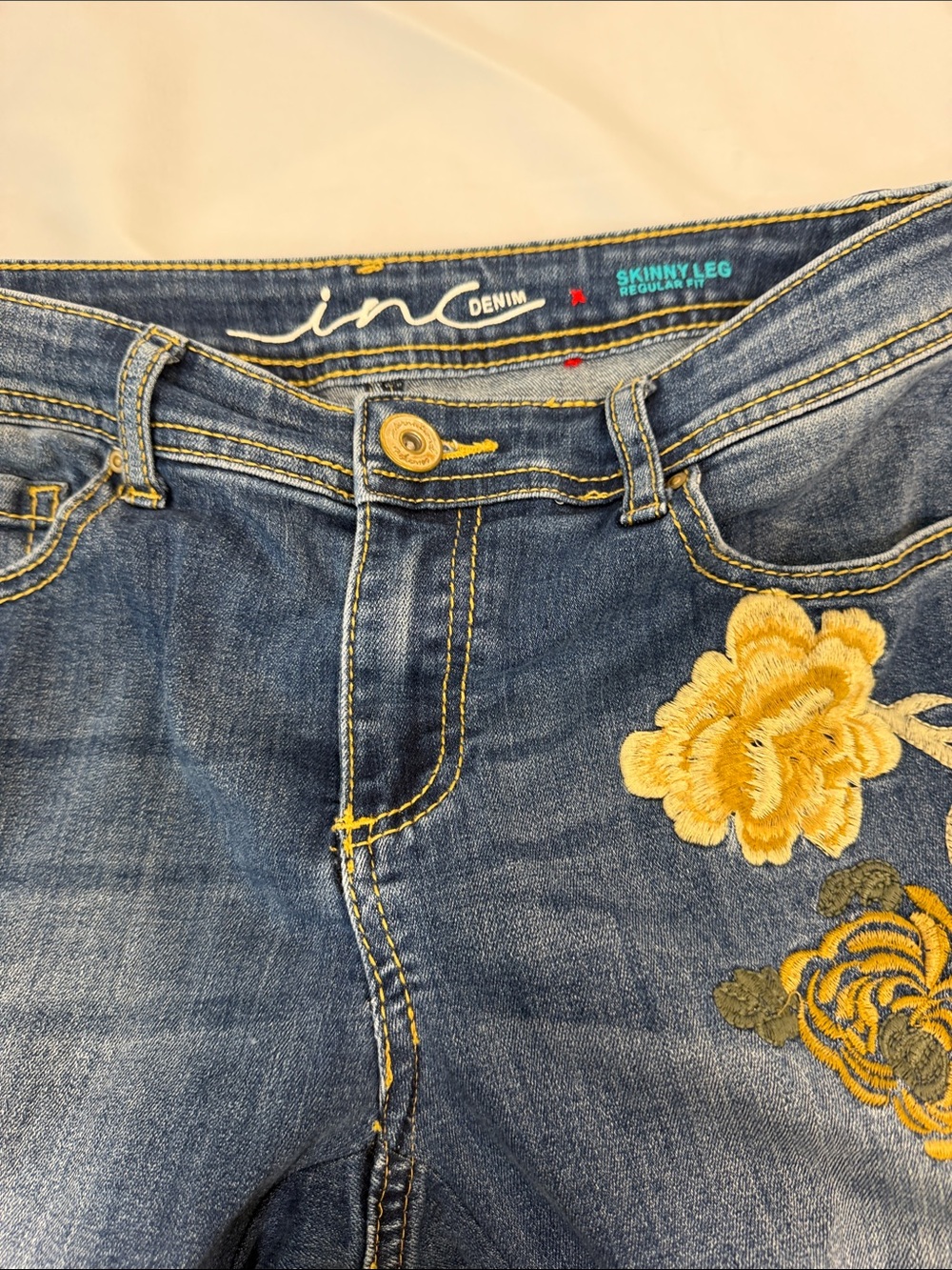 INC International Concepts Blue Jeans with Yellow Floral Embroidery - Picture 6 of 8